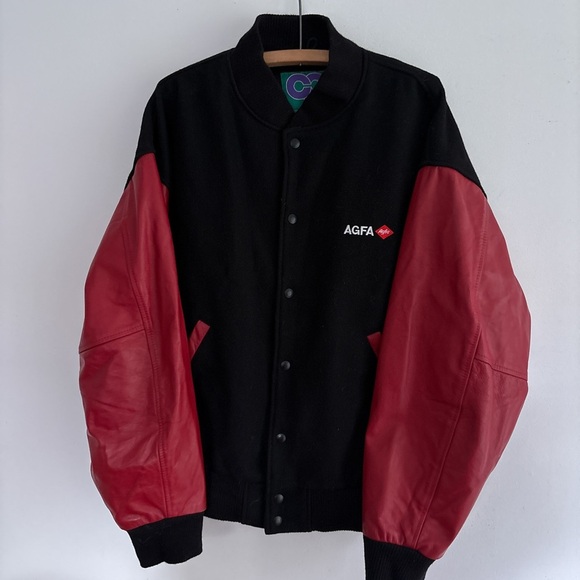Vintage AGFA film varsity jacket Large black red suede leather embroided - Picture 1 of 7
